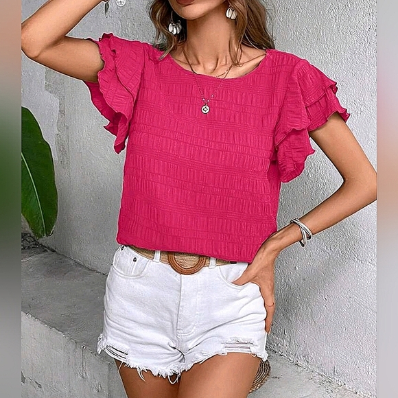 New Chic Textured Stripe Flutter Sleeve Top Blouse Hot Pink - Picture 5 of 9
